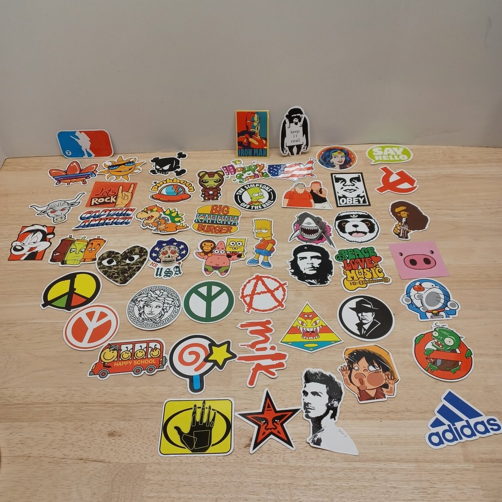 50 Assorted Skateboard Stickers peace symbols Bart Simpson Patrick sporty names